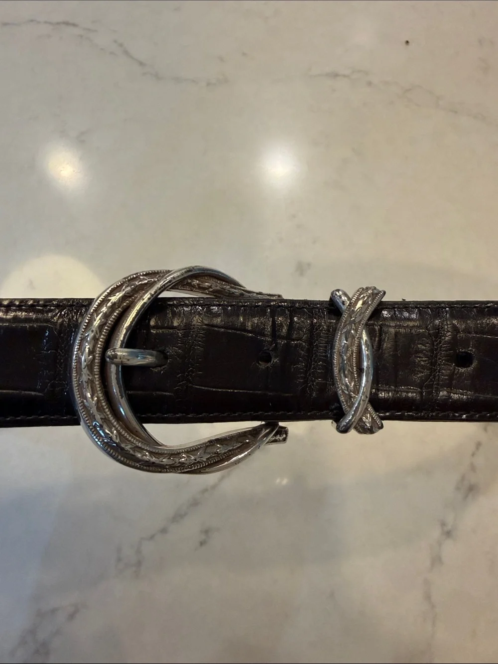 Brighton Womens Belt Black Croc Embossed Leather w Silver Barb Wire Buckle  L 34